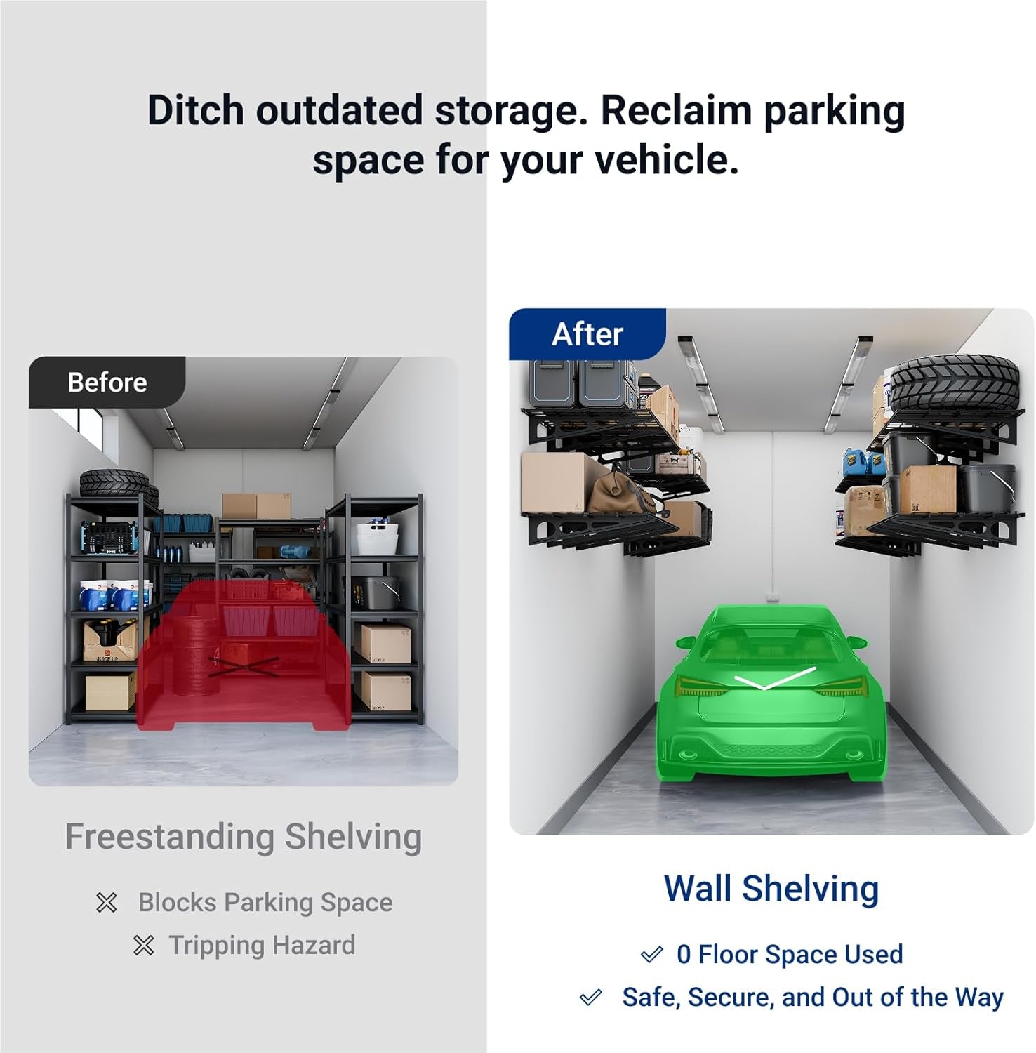 2-Pack 2X6Ft Garage Shelving 24-Inch-By-72-Inch Heavy Duty Wall Mounted Shelves Garage Storage Rack Floating Shelves, 1400Lbs Load Capacity, Black, Classic Series