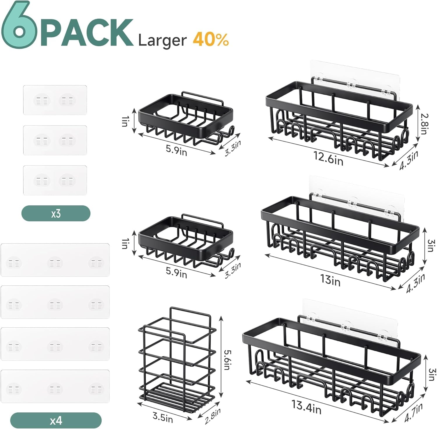 Shower Caddy 6-Pack, Advanced Rustproof Design, No Drilling Adhesive Shelves, Rack with Soap Holder, Large Capacity Bathroom Organizers and Storage, Wall-Mounted Kitchen & Home Decor