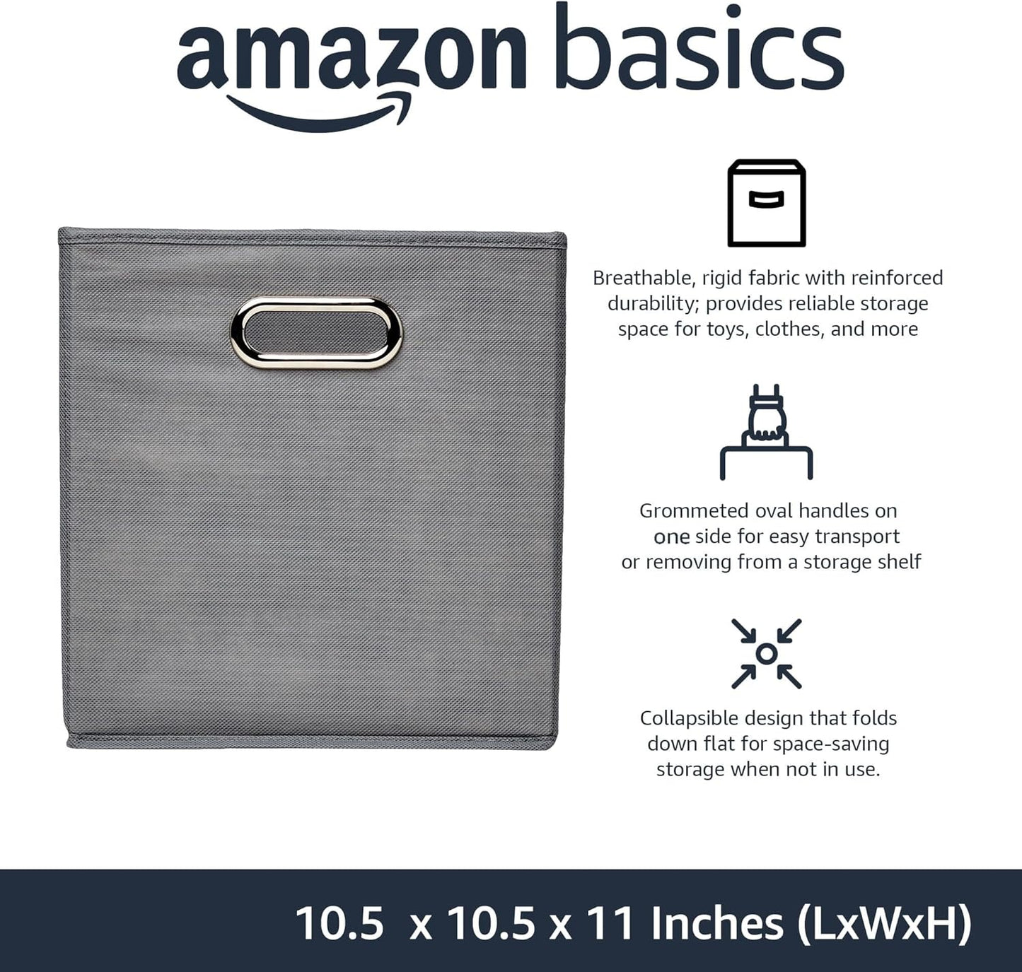 Collapsible Cube Storage Bins, Space-Saving, Organizing Fabric Bins with Handles, 10.5 X 10.5 X 11 Inches, Light Grey, 6-Pack