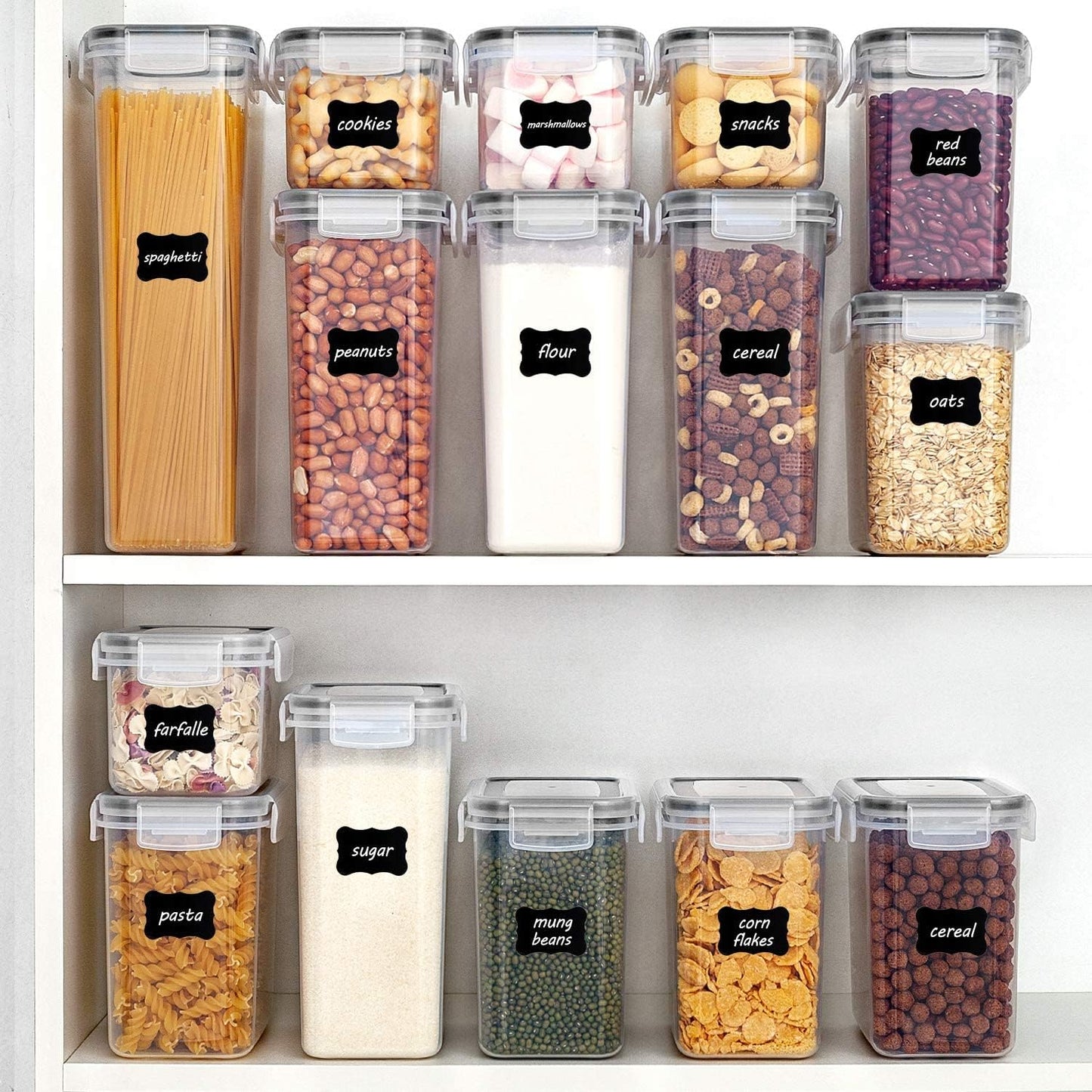 32Pcs Airtight Food Storage Containers Set, BPA Free Plastic Kitchen and Pantry Organization Canisters with Lids for Cereal, Dry Food, Flour and Sugar, Includes 32 Labels