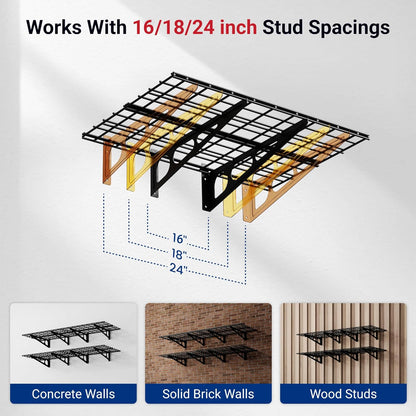 2-Pack 2X6Ft Garage Shelving 24-Inch-By-72-Inch Heavy Duty Wall Mounted Shelves Garage Storage Rack Floating Shelves, 1400Lbs Load Capacity, Black, Classic Series