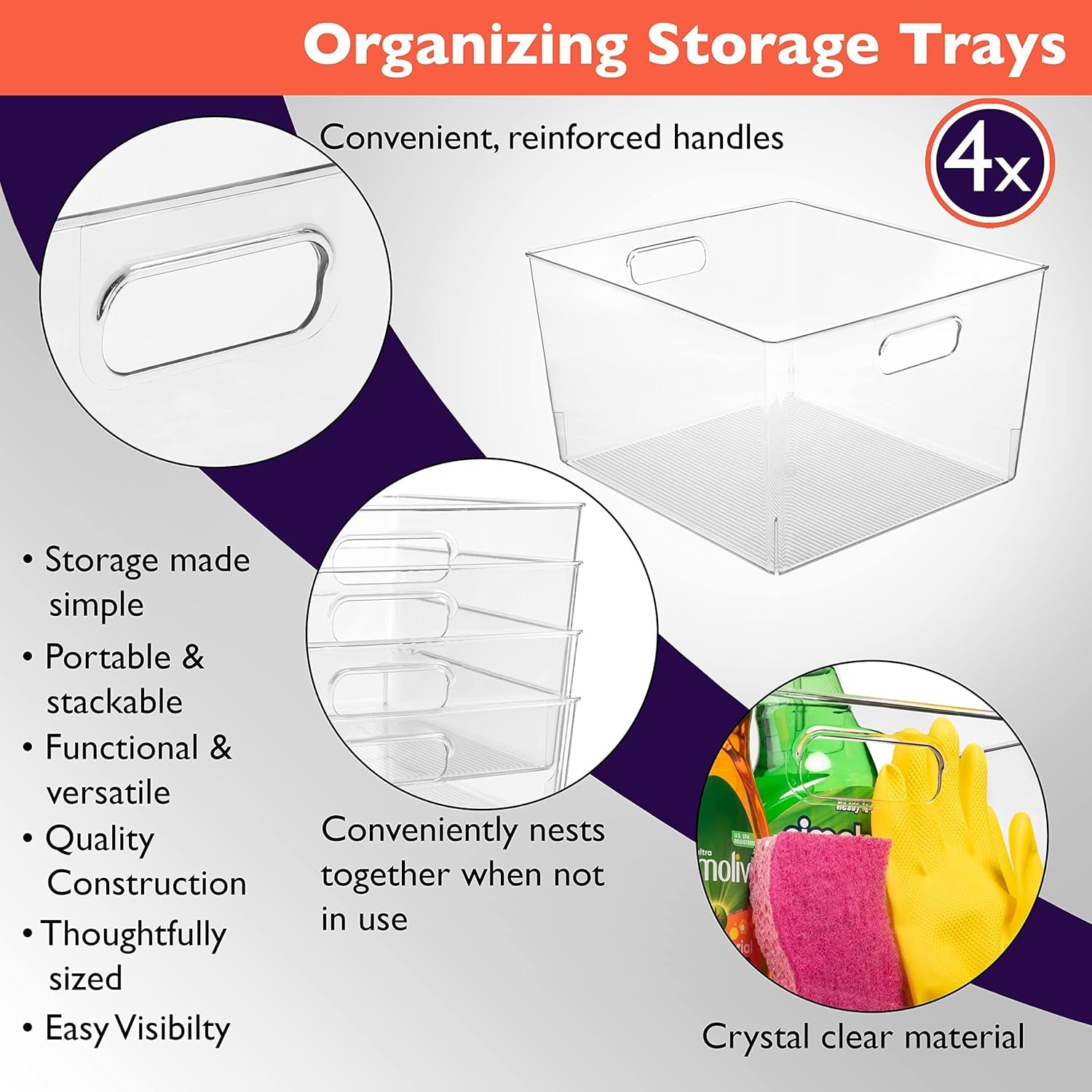Clear Plastic Storage Bins – XL 4 Pack Perfect for Kitchen,Fridge, Pantry Organization, Cabinet Organizers