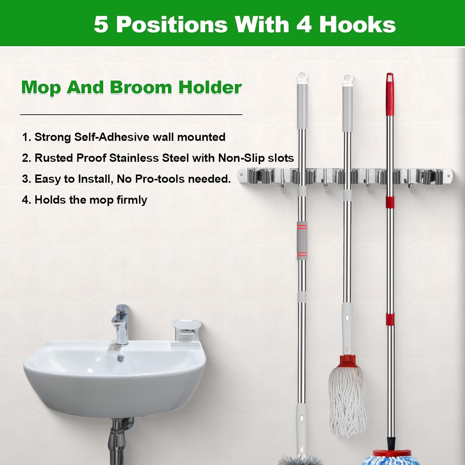 5 Racks and 4 Hooks Mop and Broom Holder Wall Mount, Self Adhesive Heavy Duty Broom Hanger Organizer Storage Tool Racks for Kitchen Garden Laundry Garage
