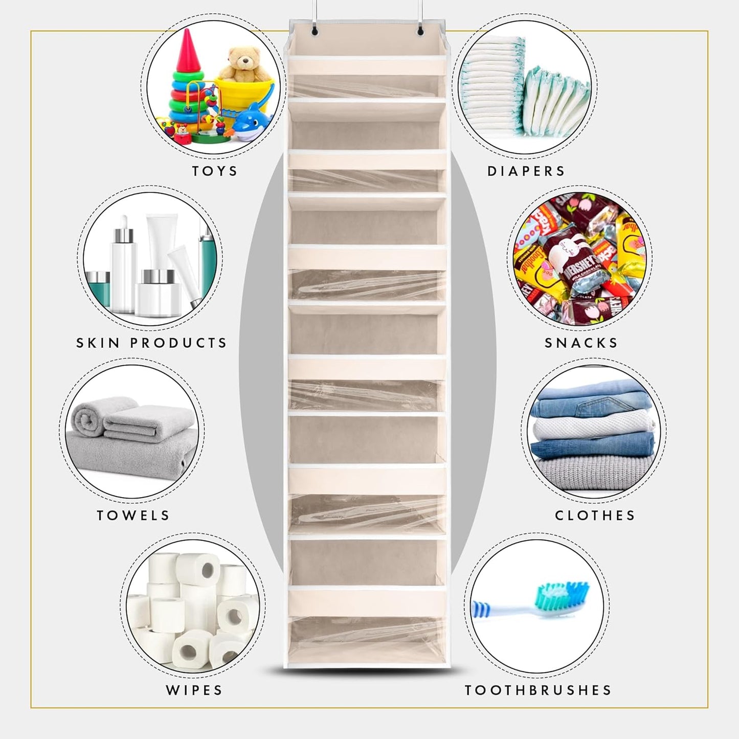 UPGRADED 6 Tiers over the Door Organizer Hanging - 100D EXTRA THICK & 50Lbs HUGE CAPACITY, 12 Side Mesh Pockets over the Door Shoe Organizer, Hanging Closet Organizer (Ivory, 1Pc)