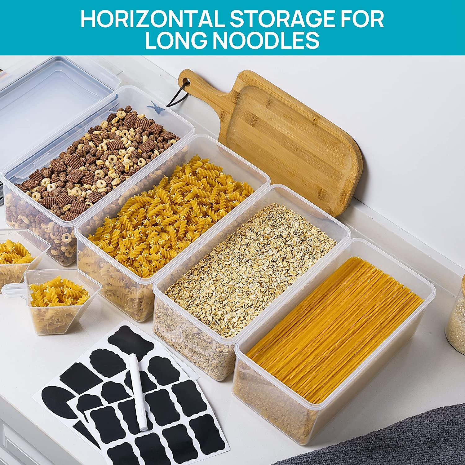Airtight Food Storage Containers with Lids 8PCS Set 3.2L, Plastic Spaghetti Container for Pasta Organizer, BPA Free Air Tight House Kitchen Pantry Organization