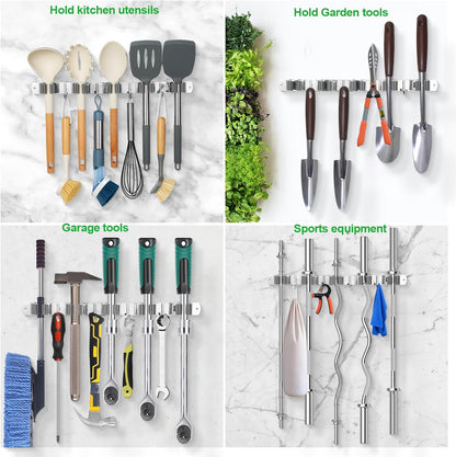 5 Racks and 4 Hooks Mop and Broom Holder Wall Mount, Self Adhesive Heavy Duty Broom Hanger Organizer Storage Tool Racks for Kitchen Garden Laundry Garage