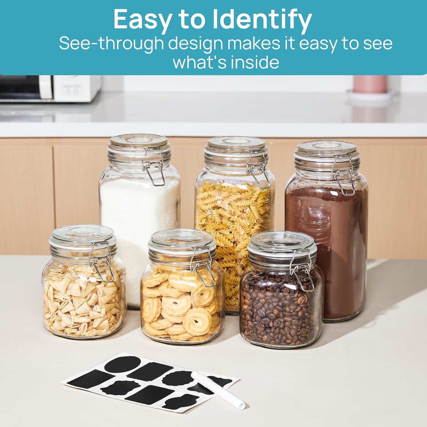 78Oz Glass Food Storage Jars with Airtight Clamp Lids, 3 Pack Large Kitchen Canisters for Flour, Cereal, Coffee, Pasta and Canning, Square Mason Jar with 8 Chalkboard Labels