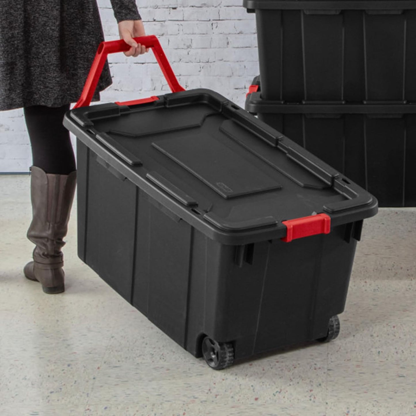 4-Pack Industrial Tote, Heavy-Duty Storage Bins W/Lids and Wheels, 40 Gallon - Stackable Organizing Containers for Home, Garage, Office, and Basement