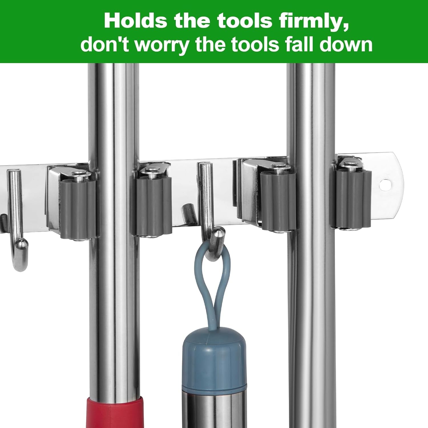 5 Racks and 4 Hooks Mop and Broom Holder Wall Mount, Self Adhesive Heavy Duty Broom Hanger Organizer Storage Tool Racks for Kitchen Garden Laundry Garage