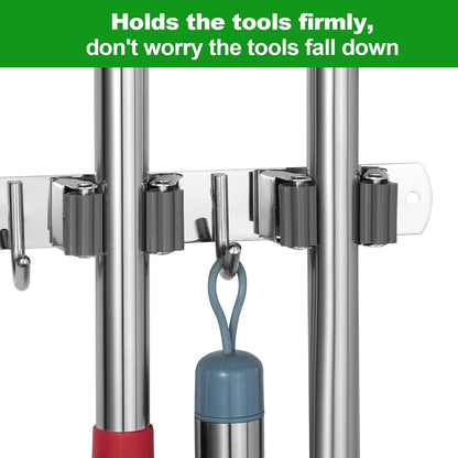 5 Racks and 4 Hooks Mop and Broom Holder Wall Mount, Self Adhesive Heavy Duty Broom Hanger Organizer Storage Tool Racks for Kitchen Garden Laundry Garage